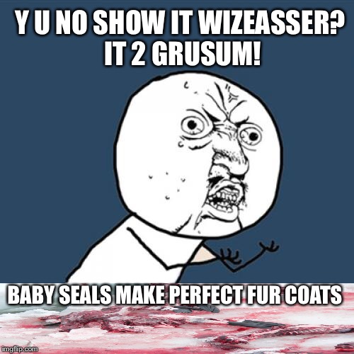 Y U No Meme | Y U NO SHOW IT WIZEASSER? IT 2 GRUSUM! BABY SEALS MAKE PERFECT FUR COATS | image tagged in memes,y u no | made w/ Imgflip meme maker