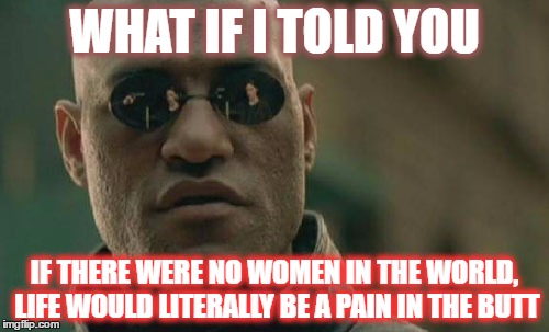 Matrix Morpheus Meme | WHAT IF I TOLD YOU; IF THERE WERE NO WOMEN IN THE WORLD, LIFE WOULD LITERALLY BE A PAIN IN THE BUTT | image tagged in memes,matrix morpheus | made w/ Imgflip meme maker