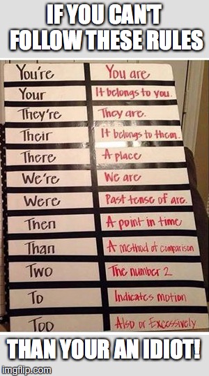 I Learned This From My Grammar | IF YOU CAN'T FOLLOW THESE RULES; THAN YOUR AN IDIOT! | image tagged in grammar,grammar nazi,spelling | made w/ Imgflip meme maker