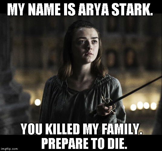 My Name is Arya Stark | MY NAME IS ARYA STARK. YOU KILLED MY FAMILY.  PREPARE TO DIE. | image tagged in got,game of thrones,princess bride,arya,the north remembers,prepare to die | made w/ Imgflip meme maker