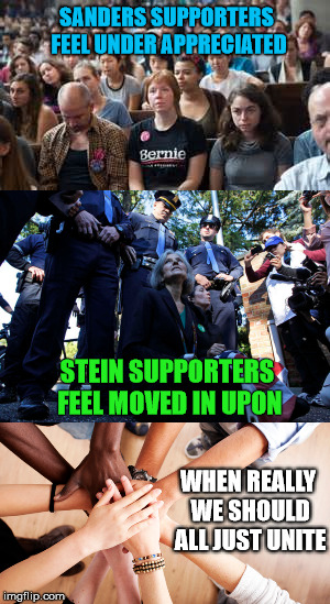 Unite | SANDERS SUPPORTERS FEEL UNDER APPRECIATED; STEIN SUPPORTERS FEEL MOVED IN UPON; WHEN REALLY WE SHOULD ALL JUST UNITE | image tagged in bernie sanders,jill stein,supporters,unappreciated,unite,exodus | made w/ Imgflip meme maker