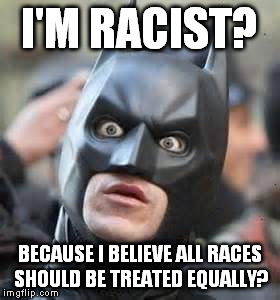 Amazed Batman | I'M RACIST? BECAUSE I BELIEVE ALL RACES SHOULD BE TREATED EQUALLY? | image tagged in amazed batman | made w/ Imgflip meme maker