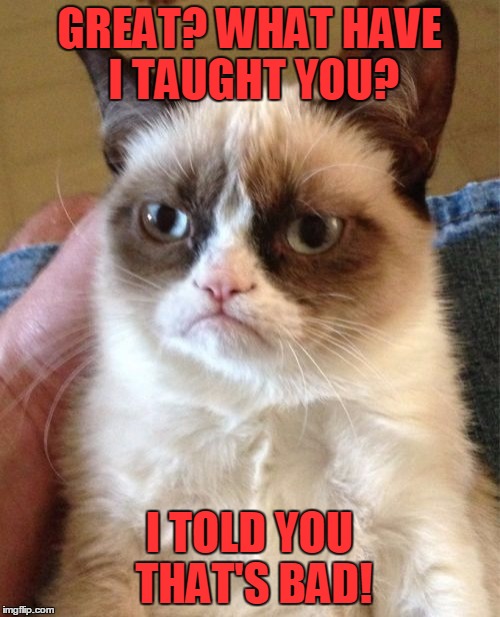 Grumpy Cat Meme | GREAT? WHAT HAVE I TAUGHT YOU? I TOLD YOU THAT'S BAD! | image tagged in memes,grumpy cat | made w/ Imgflip meme maker