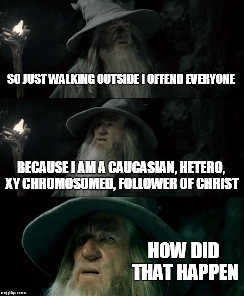Confused Gandalf | SO JUST WALKING OUTSIDE I OFFEND EVERYONE; BECAUSE I AM A CAUCASIAN, HETERO, XY CHROMOSOMED, FOLLOWER OF CHRIST; HOW DID THAT HAPPEN | image tagged in memes,confused gandalf | made w/ Imgflip meme maker