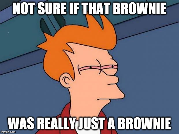 stoned fry | NOT SURE IF THAT BROWNIE; WAS REALLY JUST A BROWNIE | image tagged in stoned fry | made w/ Imgflip meme maker