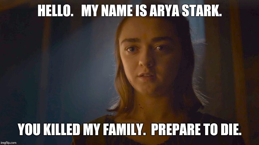 Arya is back | HELLO.   MY NAME IS ARYA STARK. YOU KILLED MY FAMILY.  PREPARE TO DIE. | image tagged in arya is back | made w/ Imgflip meme maker