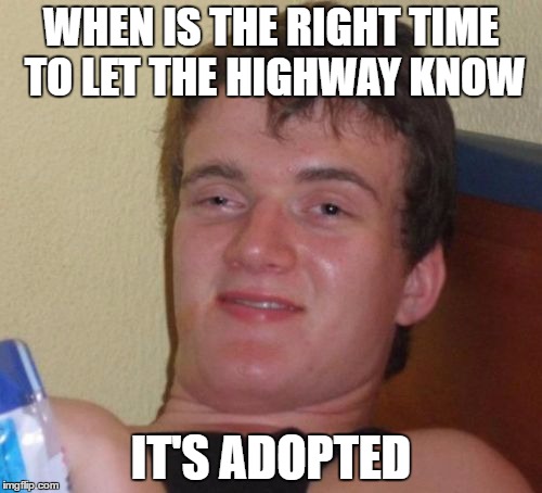 Adopt A "High" Way | WHEN IS THE RIGHT TIME TO LET THE HIGHWAY KNOW; IT'S ADOPTED | image tagged in memes,10 guy | made w/ Imgflip meme maker