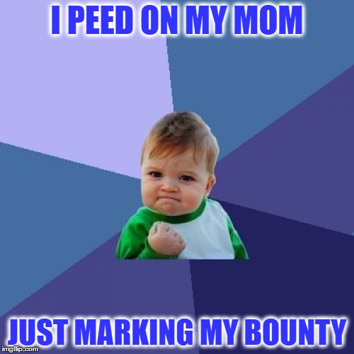 Success Kid | I PEED ON MY MOM; JUST MARKING MY BOUNTY | image tagged in memes,success kid | made w/ Imgflip meme maker