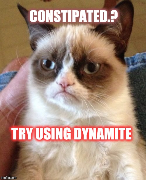 Grumpy cat has the cure if you're not moving..! | CONSTIPATED.? TRY USING DYNAMITE | image tagged in memes,grumpy cat,dynomite,constipation | made w/ Imgflip meme maker