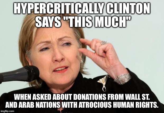 Don't ya Believe It! | HYPERCRITICALLY CLINTON SAYS "THIS MUCH"; WHEN ASKED ABOUT DONATIONS FROM WALL ST. AND ARAB NATIONS WITH ATROCIOUS HUMAN RIGHTS. | image tagged in hillary clinton fingers | made w/ Imgflip meme maker