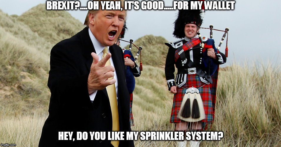 Trump's golf course foreign policy | BREXIT?....OH YEAH, IT'S GOOD.....FOR MY WALLET; HEY, DO YOU LIKE MY SPRINKLER SYSTEM? | image tagged in donald trump,golf | made w/ Imgflip meme maker
