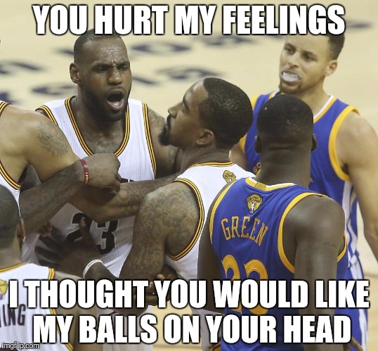 YOU HURT MY FEELINGS; I THOUGHT YOU WOULD LIKE MY BALLS ON YOUR HEAD | image tagged in lebron hurt feelings | made w/ Imgflip meme maker
