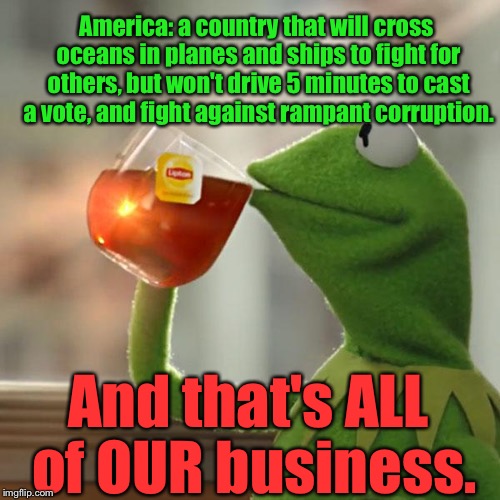 But That's None Of My Business | America: a country that will cross oceans in planes and ships to fight for others, but won't drive 5 minutes to cast a vote, and fight against rampant corruption. And that's ALL of OUR business. | image tagged in memes,but thats none of my business,kermit the frog | made w/ Imgflip meme maker