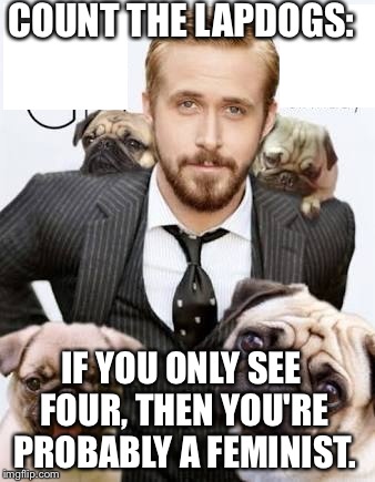 Ryan Gosling feminist lapdog | COUNT THE LAPDOGS:; IF YOU ONLY SEE FOUR, THEN YOU'RE PROBABLY A FEMINIST. | image tagged in ryan gosling feminist lapdog | made w/ Imgflip meme maker