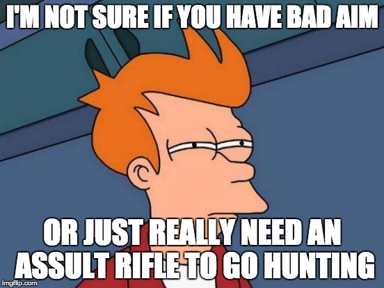People getting mad over background checks, and getting rid or assault rifles to the general public | I'M NOT SURE IF YOU HAVE BAD AIM; OR JUST REALLY NEED AN ASSULT RIFLE TO GO HUNTING | image tagged in memes,futurama fry,gun,gun control,confused,assault weapon ban | made w/ Imgflip meme maker