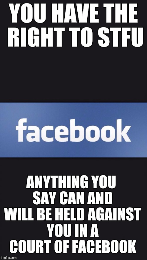 Facebook | YOU HAVE THE RIGHT TO STFU; ANYTHING YOU SAY CAN AND WILL BE HELD AGAINST YOU IN A COURT OF FACEBOOK | image tagged in facebook | made w/ Imgflip meme maker