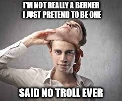 Trolling as Bernie | I'M NOT REALLY A BERNER I JUST PRETEND TO BE ONE; SAID NO TROLL EVER | image tagged in troll,bernie sanders,pretend,cyberbullying,hillary clinton,jill stein | made w/ Imgflip meme maker