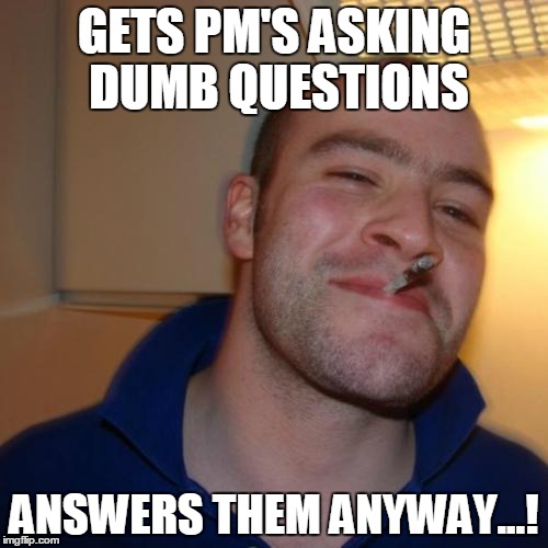 Good Guy Greg Meme | GETS PM'S ASKING DUMB QUESTIONS; ANSWERS THEM ANYWAY...! | image tagged in memes,good guy greg | made w/ Imgflip meme maker