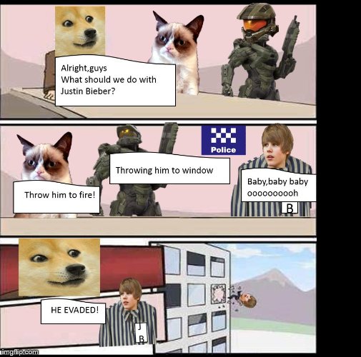 Justin Biebers Death | image tagged in police office meeting meme,doge,grumpy cat,police,justin bieber,master chief | made w/ Imgflip meme maker