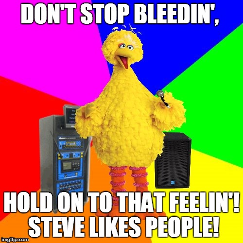 Big Bird takes on Journey | DON'T STOP BLEEDIN', HOLD ON TO THAT FEELIN'! STEVE LIKES PEOPLE! | image tagged in wrong lyrics karaoke big bird,misheard,journey,80s music,funny memes | made w/ Imgflip meme maker