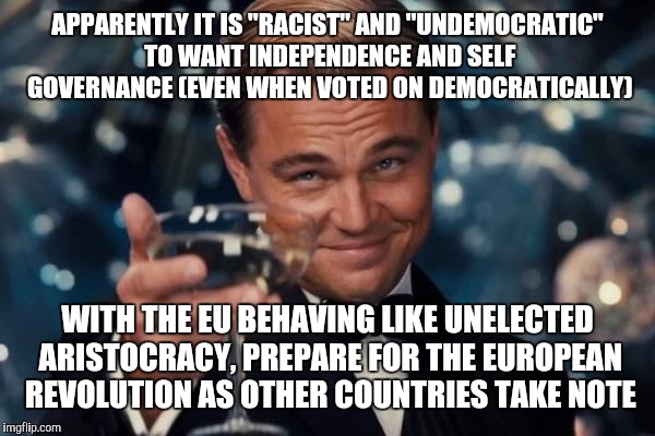 Leonardo Dicaprio Cheers Meme | APPARENTLY IT IS "RACIST" AND "UNDEMOCRATIC" TO WANT INDEPENDENCE AND SELF GOVERNANCE (EVEN WHEN VOTED ON DEMOCRATICALLY); WITH THE EU BEHAVING LIKE UNELECTED ARISTOCRACY, PREPARE FOR THE EUROPEAN REVOLUTION AS OTHER COUNTRIES TAKE NOTE | image tagged in memes,leonardo dicaprio cheers | made w/ Imgflip meme maker