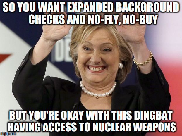 Dingbats and guns | SO YOU WANT EXPANDED BACKGROUND  CHECKS AND NO-FLY, NO-BUY; BUT YOU'RE OKAY WITH THIS DINGBAT HAVING ACCESS TO NUCLEAR WEAPONS | image tagged in hillary clinton,gun control | made w/ Imgflip meme maker