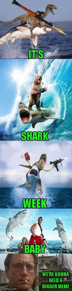 Yay!!! It's SHARK WEEK again! And special thanks to DashHopes for helping me make this meme better. | IT'S; SHARK; WEEK; BABY; WE'RE GONNA NEED A BIGGER MEME | image tagged in shark week,memes,raptor gone wild,smokey gone wild,funny,jaws | made w/ Imgflip meme maker