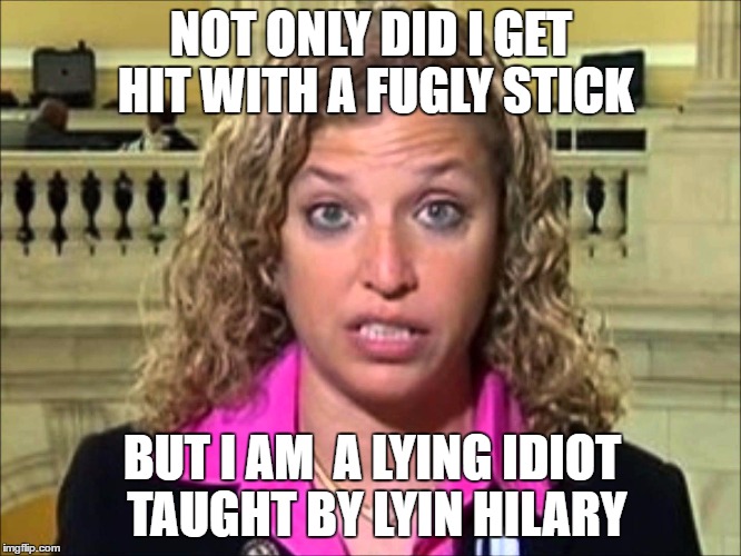 Debbie Wasserman Schultz | NOT ONLY DID I GET HIT WITH A FUGLY STICK; BUT I AM  A LYING IDIOT TAUGHT BY LYIN HILARY | image tagged in debbie wasserman schultz | made w/ Imgflip meme maker