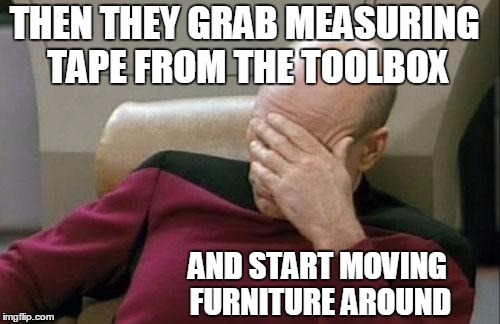 Captain Picard Facepalm Meme | THEN THEY GRAB MEASURING TAPE FROM THE TOOLBOX AND START MOVING FURNITURE AROUND | image tagged in memes,captain picard facepalm | made w/ Imgflip meme maker