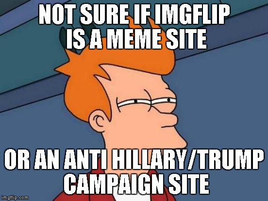 Futurama Fry | NOT SURE IF IMGFLIP IS A MEME SITE; OR AN ANTI HILLARY/TRUMP CAMPAIGN SITE | image tagged in memes,futurama fry | made w/ Imgflip meme maker