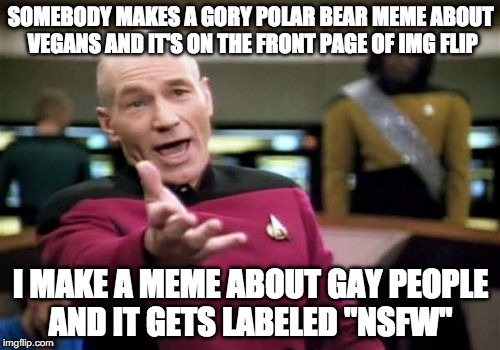 Picard Wtf Meme | SOMEBODY MAKES A GORY POLAR BEAR MEME ABOUT VEGANS AND IT'S ON THE FRONT PAGE OF IMG FLIP; I MAKE A MEME ABOUT GAY PEOPLE AND IT GETS LABELED "NSFW" | image tagged in memes,picard wtf | made w/ Imgflip meme maker