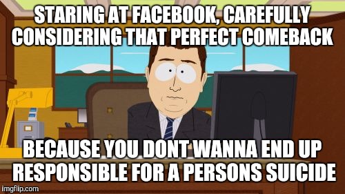 Aaaaand Its Gone | STARING AT FACEBOOK, CAREFULLY CONSIDERING THAT PERFECT COMEBACK; BECAUSE YOU DONT WANNA END UP RESPONSIBLE FOR A PERSONS SUICIDE | image tagged in memes,aaaaand its gone | made w/ Imgflip meme maker