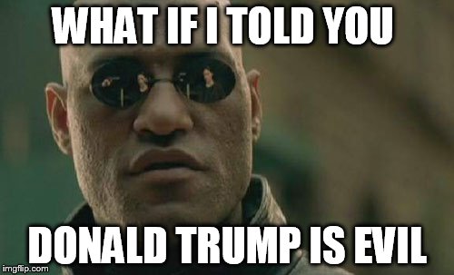 Matrix Morpheus | WHAT IF I TOLD YOU; DONALD TRUMP IS EVIL | image tagged in memes,matrix morpheus | made w/ Imgflip meme maker