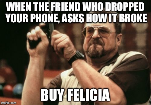 Am I The Only One Around Here |  WHEN THE FRIEND WHO DROPPED YOUR PHONE, ASKS HOW IT BROKE; BUY FELICIA | image tagged in memes,am i the only one around here | made w/ Imgflip meme maker