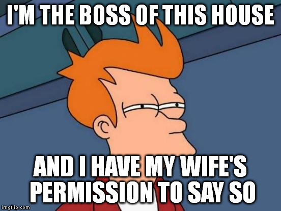 Futurama Fry Meme | I'M THE BOSS OF THIS HOUSE AND I HAVE MY WIFE'S PERMISSION TO SAY SO | image tagged in memes,futurama fry | made w/ Imgflip meme maker