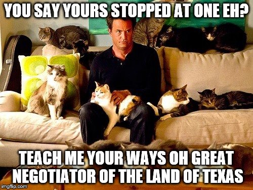 YOU SAY YOURS STOPPED AT ONE EH? TEACH ME YOUR WAYS OH GREAT NEGOTIATOR OF THE LAND OF TEXAS | made w/ Imgflip meme maker
