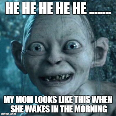 Gollum Meme | HE HE HE HE HE ........ MY MOM LOOKS LIKE THIS WHEN SHE WAKES IN THE MORNING | image tagged in memes,gollum | made w/ Imgflip meme maker