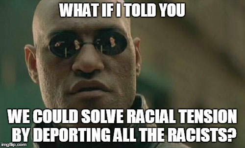Matrix Morpheus Meme | WHAT IF I TOLD YOU; WE COULD SOLVE RACIAL TENSION BY DEPORTING ALL THE RACISTS? | image tagged in memes,matrix morpheus | made w/ Imgflip meme maker