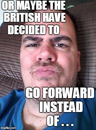 Scowl | OR MAYBE THE BRITISH HAVE DECIDED TO GO FORWARD INSTEAD OF . . . | image tagged in scowl | made w/ Imgflip meme maker