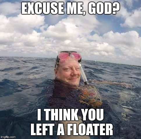 EXCUSE ME, GOD? I THINK YOU LEFT A FLOATER | image tagged in floating turd | made w/ Imgflip meme maker