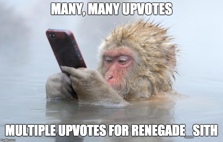 monkey in a hot tub with iphone | MANY, MANY UPVOTES MULTIPLE UPVOTES FOR RENEGADE_SITH | image tagged in monkey in a hot tub with iphone | made w/ Imgflip meme maker