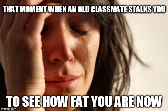 First World Problems | THAT MOMENT WHEN AN OLD CLASSMATE STALKS YOU; TO SEE HOW FAT YOU ARE NOW | image tagged in memes,first world problems | made w/ Imgflip meme maker
