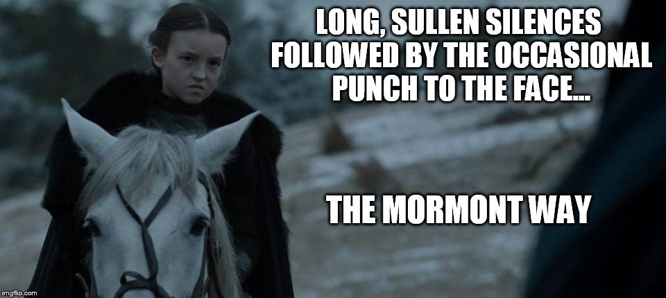 Lyanna Mormont Death Stare | LONG, SULLEN SILENCES FOLLOWED BY THE OCCASIONAL PUNCH TO THE FACE... THE MORMONT WAY | image tagged in lyanna mormont death stare | made w/ Imgflip meme maker