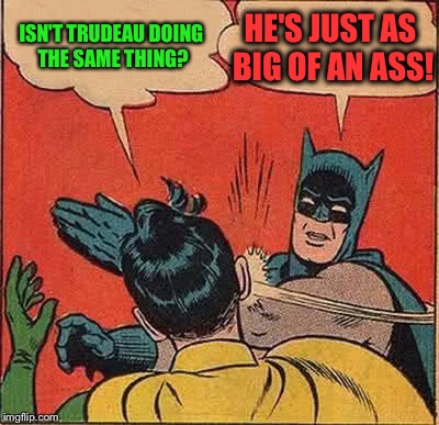Batman Slapping Robin Meme | ISN'T TRUDEAU DOING THE SAME THING? HE'S JUST AS BIG OF AN ASS! | image tagged in memes,batman slapping robin | made w/ Imgflip meme maker
