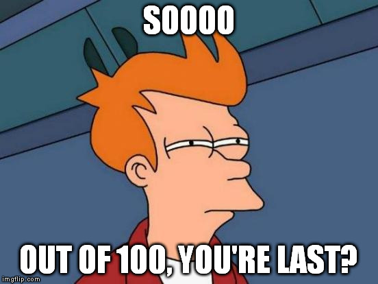 Futurama Fry Meme | SOOOO OUT OF 100, YOU'RE LAST? | image tagged in memes,futurama fry | made w/ Imgflip meme maker