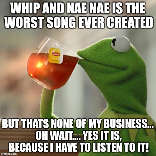 But That's None Of My Business | WHIP AND NAE NAE IS THE WORST SONG EVER CREATED; BUT THATS NONE OF MY BUSINESS... OH WAIT.... YES IT IS, BECAUSE I HAVE TO LISTEN TO IT! | image tagged in memes,but thats none of my business,kermit the frog | made w/ Imgflip meme maker