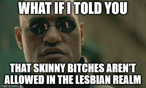 WHAT IF I TOLD YOU THAT SKINNY B**CHES AREN'T ALLOWED IN THE LESBIAN REALM | image tagged in memes,matrix morpheus | made w/ Imgflip meme maker