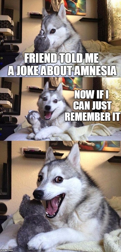 Bad Pun Dog Meme | FRIEND TOLD ME A JOKE ABOUT AMNESIA NOW IF I CAN JUST REMEMBER IT | image tagged in memes,bad pun dog | made w/ Imgflip meme maker