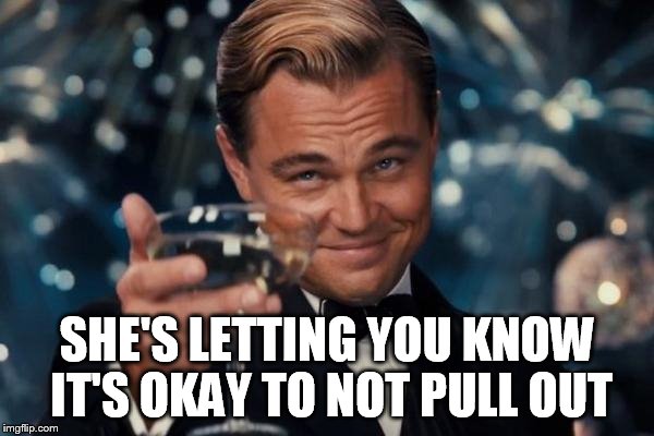 Leonardo Dicaprio Cheers Meme | SHE'S LETTING YOU KNOW IT'S OKAY TO NOT PULL OUT | image tagged in memes,leonardo dicaprio cheers | made w/ Imgflip meme maker