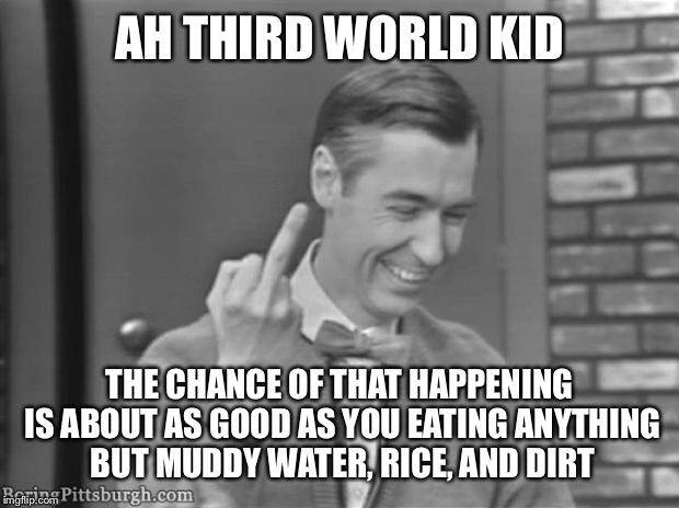 AH THIRD WORLD KID THE CHANCE OF THAT HAPPENING IS ABOUT AS GOOD AS YOU EATING ANYTHING BUT MUDDY WATER, RICE, AND DIRT | made w/ Imgflip meme maker